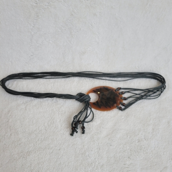 String Tie Belt Black Beaded Fringe Knot Boho Vintage Brown Tortoise Shell Loop - Picture 2 of 7